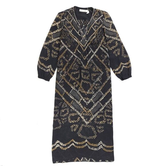 ISABEL MARANT Nimazu Studded Kaftan Tunic Midi Dress Black Chain Print Indie 4
